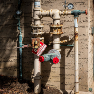 Rusty outdoor gas meters and pipes mounted on a wall, with red valves and dials.