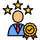 Award-winning person icon with three stars and a yellow check badge