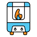 Cartoon front view of a blue-and-white train with an orange flame emblem on the front