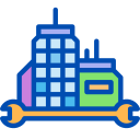 Blue outline of a factory and delivery truck icon with a green box on the truck
