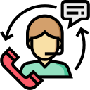Customer support icon with headset, speech bubbles, and curved arrows in black and red.
