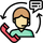Customer support icon with headset, speech bubbles, and curved arrows in black and red.