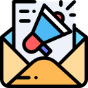 Envelope with a blue-and-red megaphone emerging, suggesting email or announcement notification.