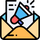 Envelope with a blue-and-red megaphone emerging, suggesting email or announcement notification.
