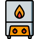 Cartoon gas stove with blue-gray body, orange burners, and a yellow flame icon on top
