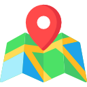 Red location pin over a folded map with blue, green, and yellow sections