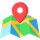 Red location pin over a folded map with blue, green, and yellow sections