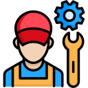 Mechanic icon with red hard hat, blue shirt, wrench, and gear
