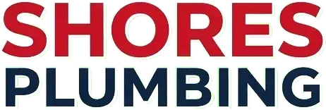 Shores Plumbing logo in red and blue text on a white background