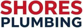 Shores Plumbing logo in red and blue text on a white background