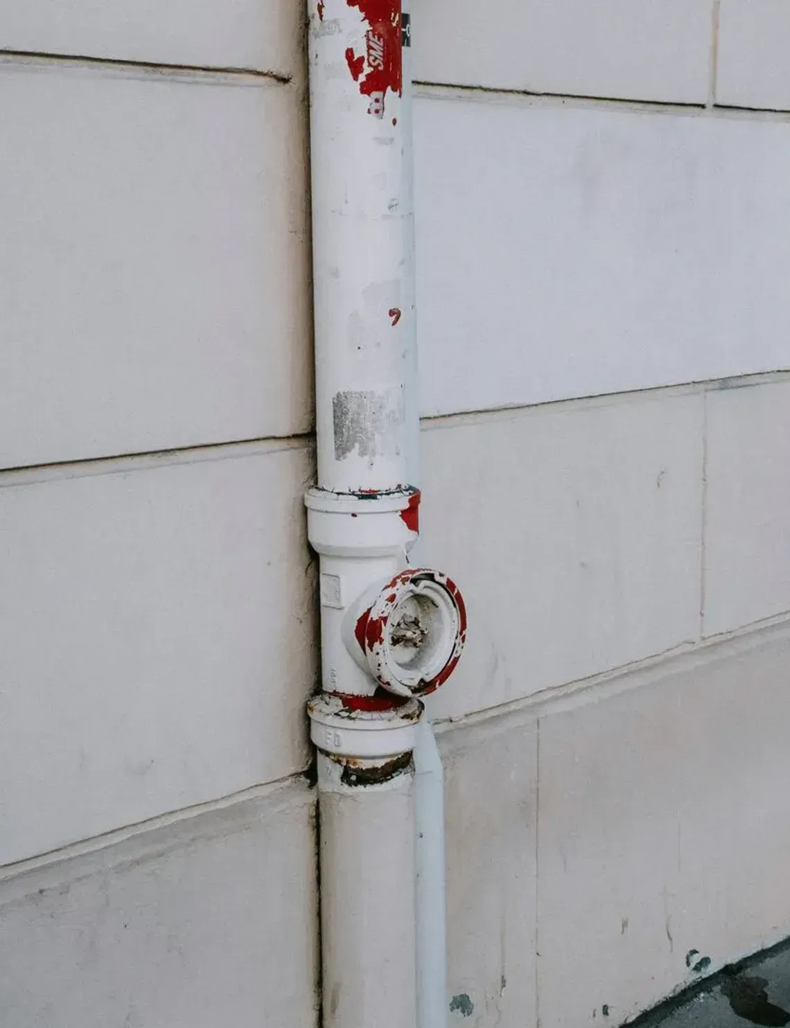 White exterior wall with a vertical pipe, utility meter, and small red valve beside a paved road.