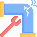 Blue plumbing pipe with a red wrench, suggesting repair or maintenance
