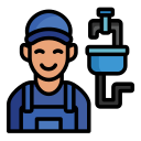Worker in blue uniform and cap holding a wrench beside a faucet with water flowing in a pipe icon
