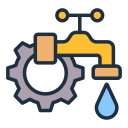 Stylized orange faucet with a blue water drop next to a gray gear, symbolizing plumbing or maintenance
