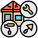 House with repair tools in circular icons, suggesting home maintenance or renovation services