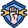Blue shield icon with a raised fist holding two orange wrench tools crossed behind it