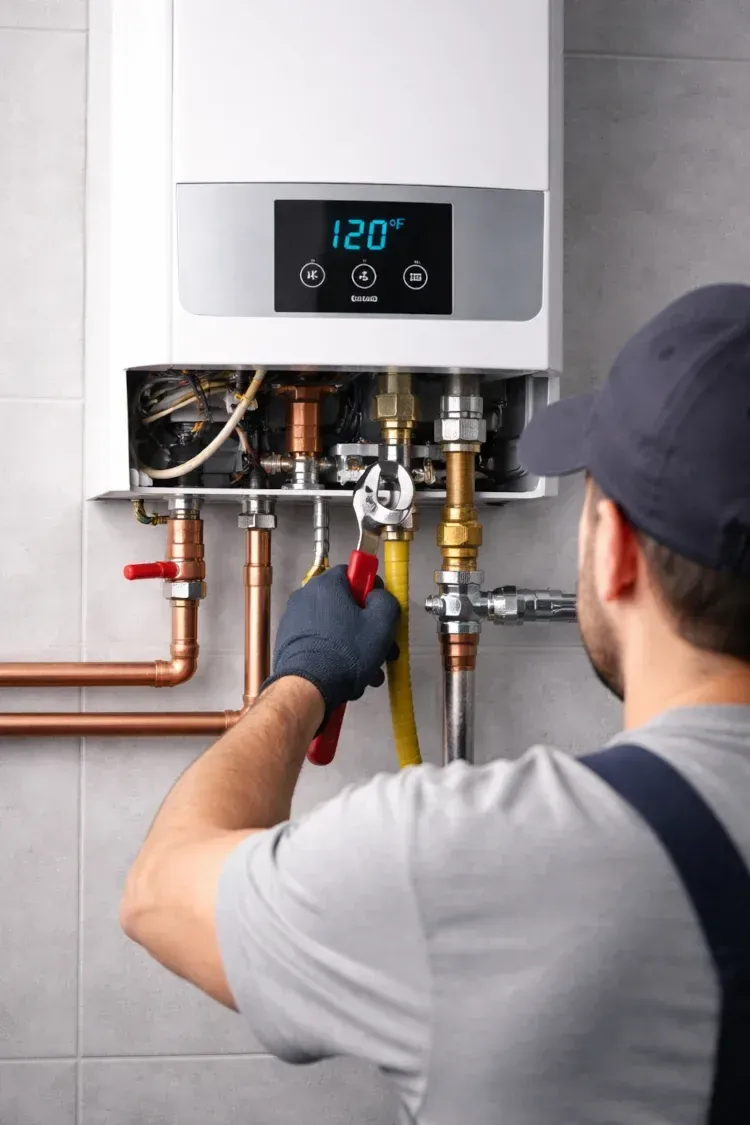 Technician servicing a wall-mounted boiler with tools and exposed pipes