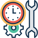 Clock, gears, and wrench icon in blue, orange, green, and gray, symbolizing time and maintenance