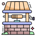 Cartoon-style brick well with wooden roof and blue bucket on a stand