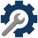 Blue gear with a gray wrench icon in the center