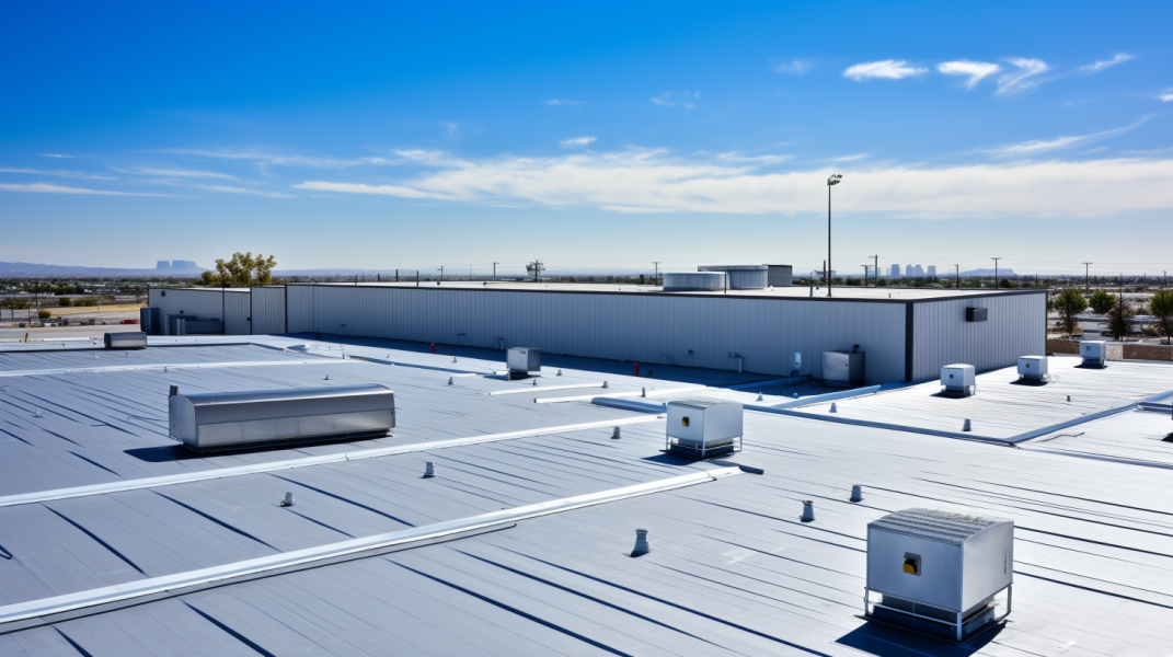 an aerial view of a large building with solar panels on the roof