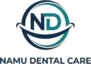 Logo for Namu Dental Care. Blue and teal design with "ND" inside a circle, smile graphic.