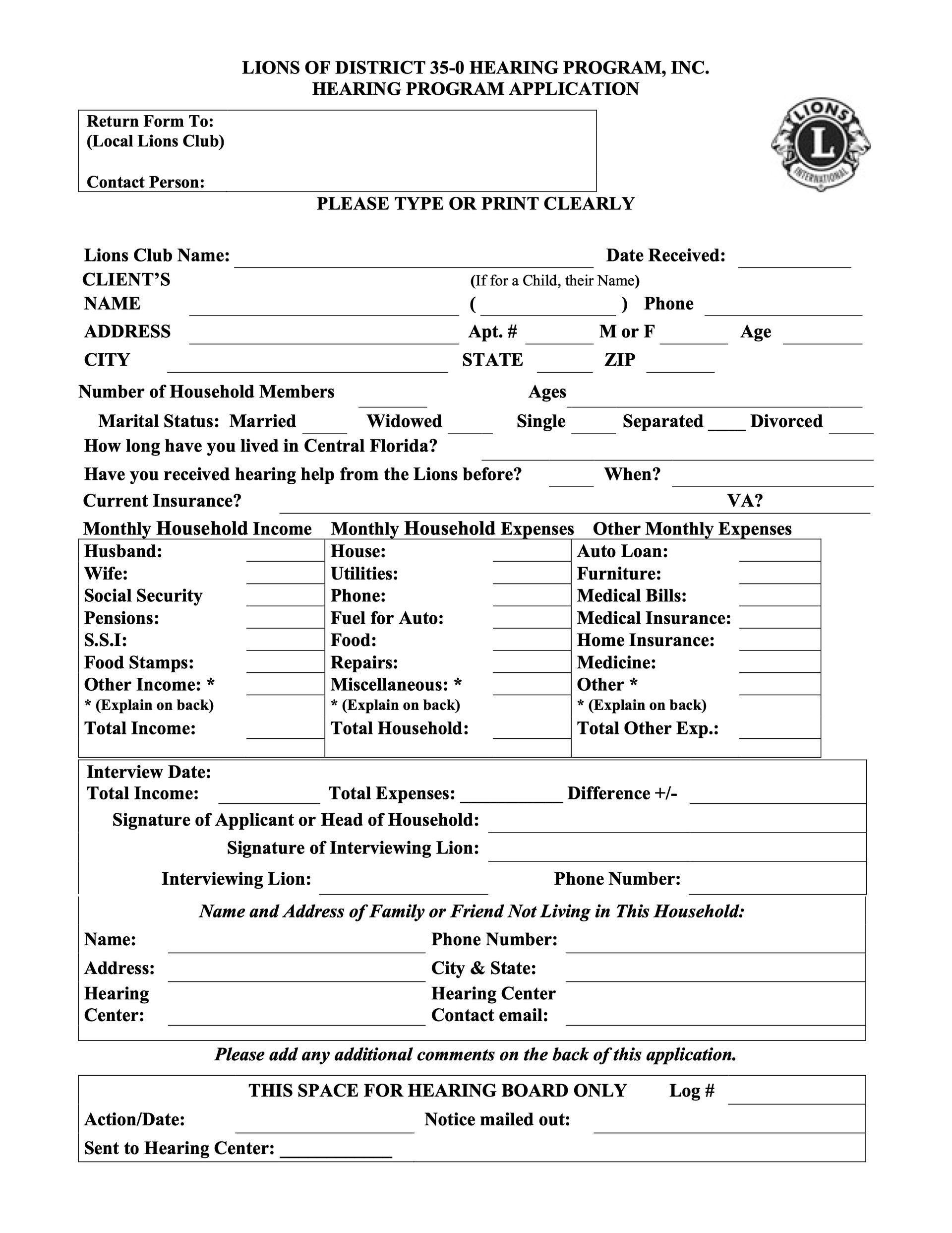 Form for District 34 Hearing Program, requesting personal and financial information.