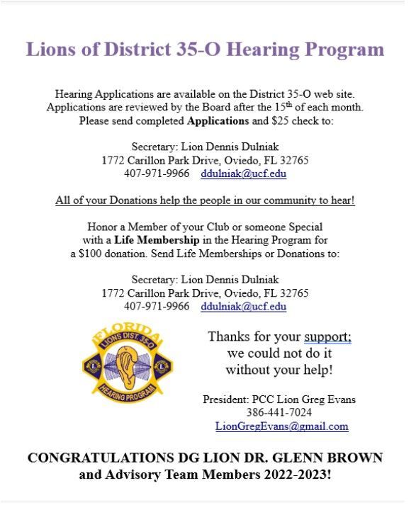 A flyer for the lions of district 35-0 hearing program