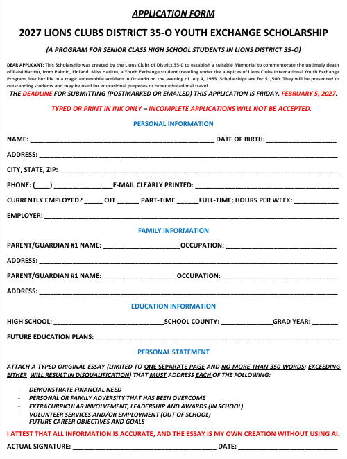 A black and white application form for a youth exchange scholarship.