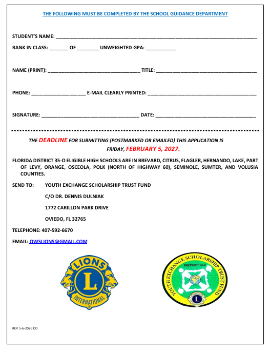 A lion 's club application form with a lion 's club logo on it