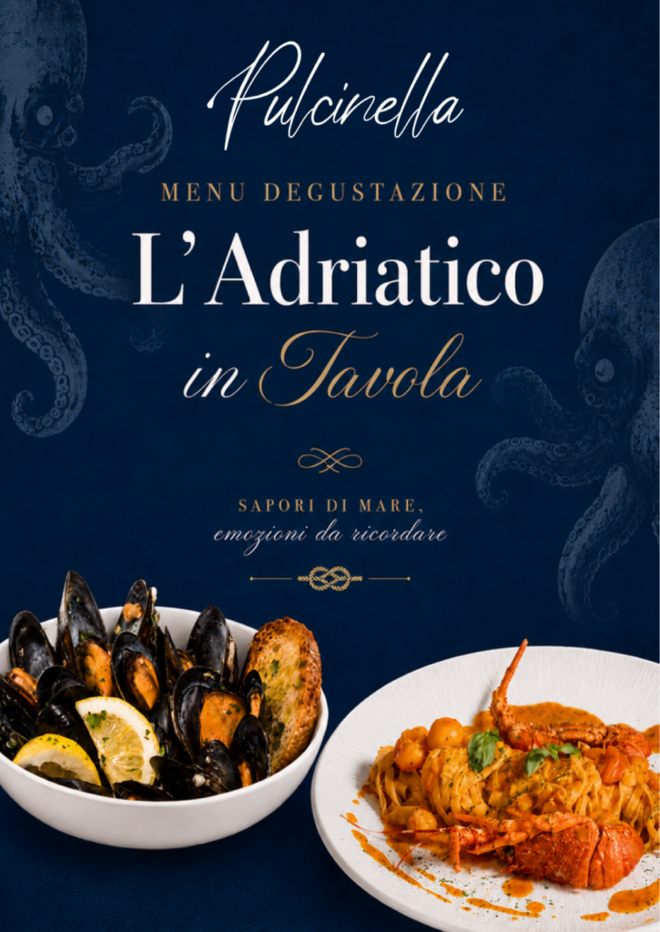 Banner blu con testo “L’Adriatico in Tavola” locandina menu degstazione ristorante di pesce Senigall