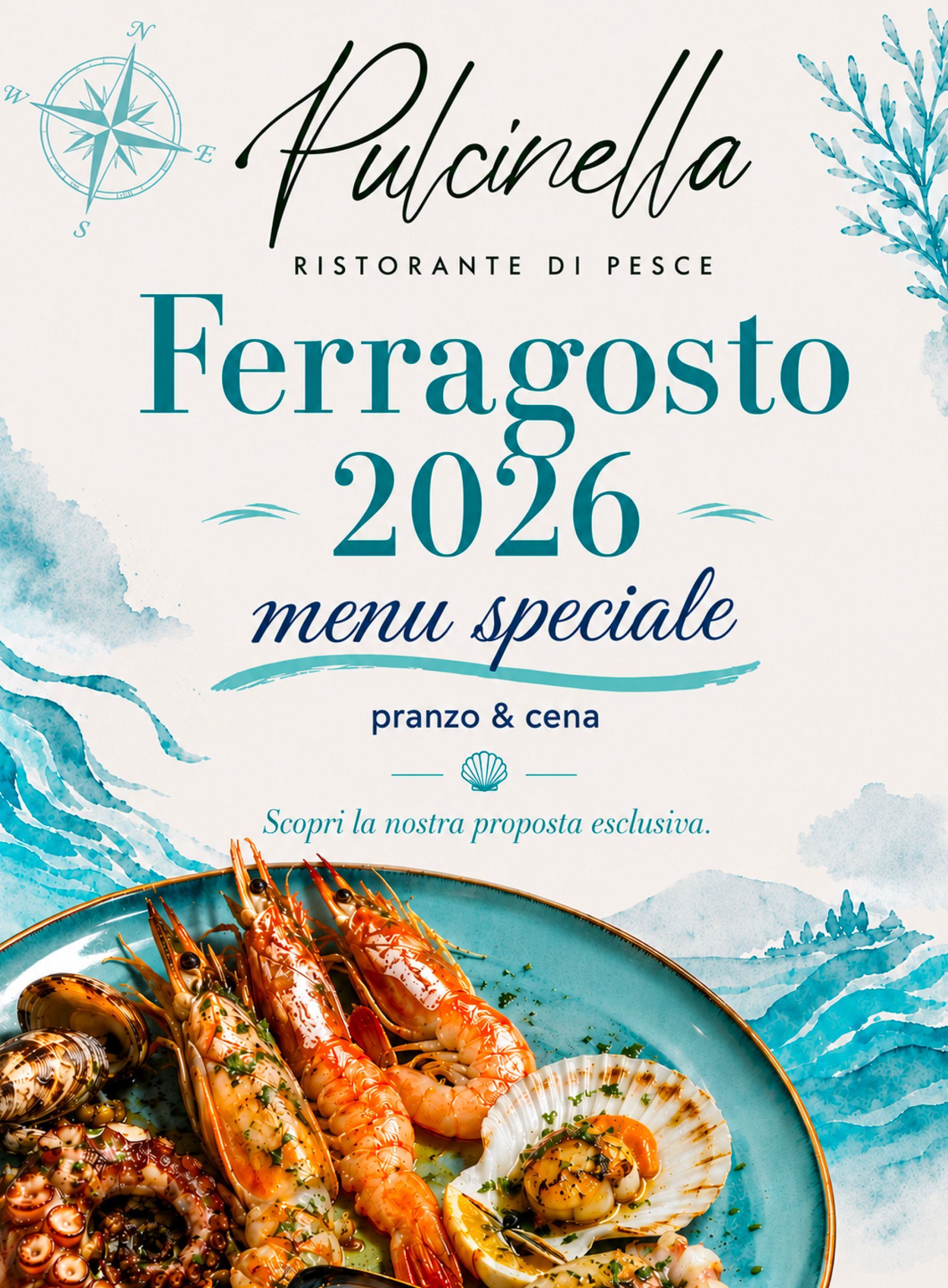 Foto con menu speciale di Ferragosto 2026, raffigurante pasta ai frutti di mare su un piatto blu.