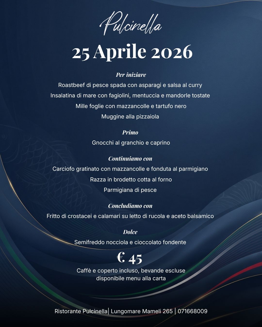 Locandina peril menù del 25 aprile 2026, con sfondo blu scuro e testo bianco.