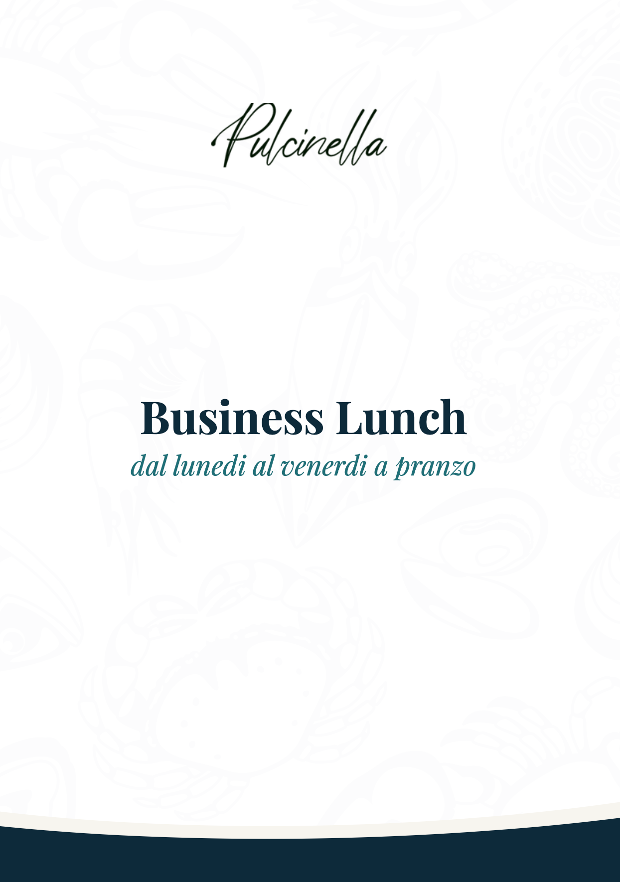 Copertina del menu con la scritta «Business Lunch» e il sottotitolo «dal lunedì al venerdì a pranzo» su sfondo bianco