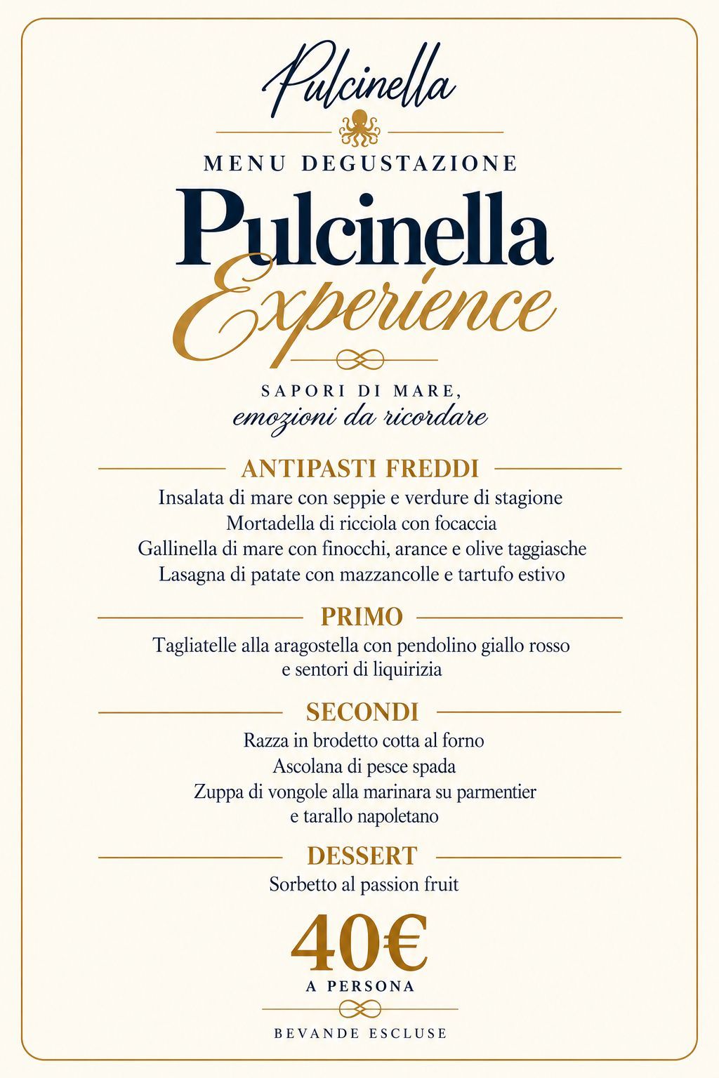 Menu degustazione “Pulcinella Experience” con portate e prezzo di 40 €.