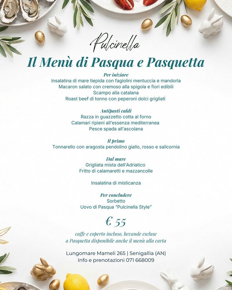 Menu di Pasqua e Pasquetta su sfondo bianco con decorazioni primaverili e testo in italiano