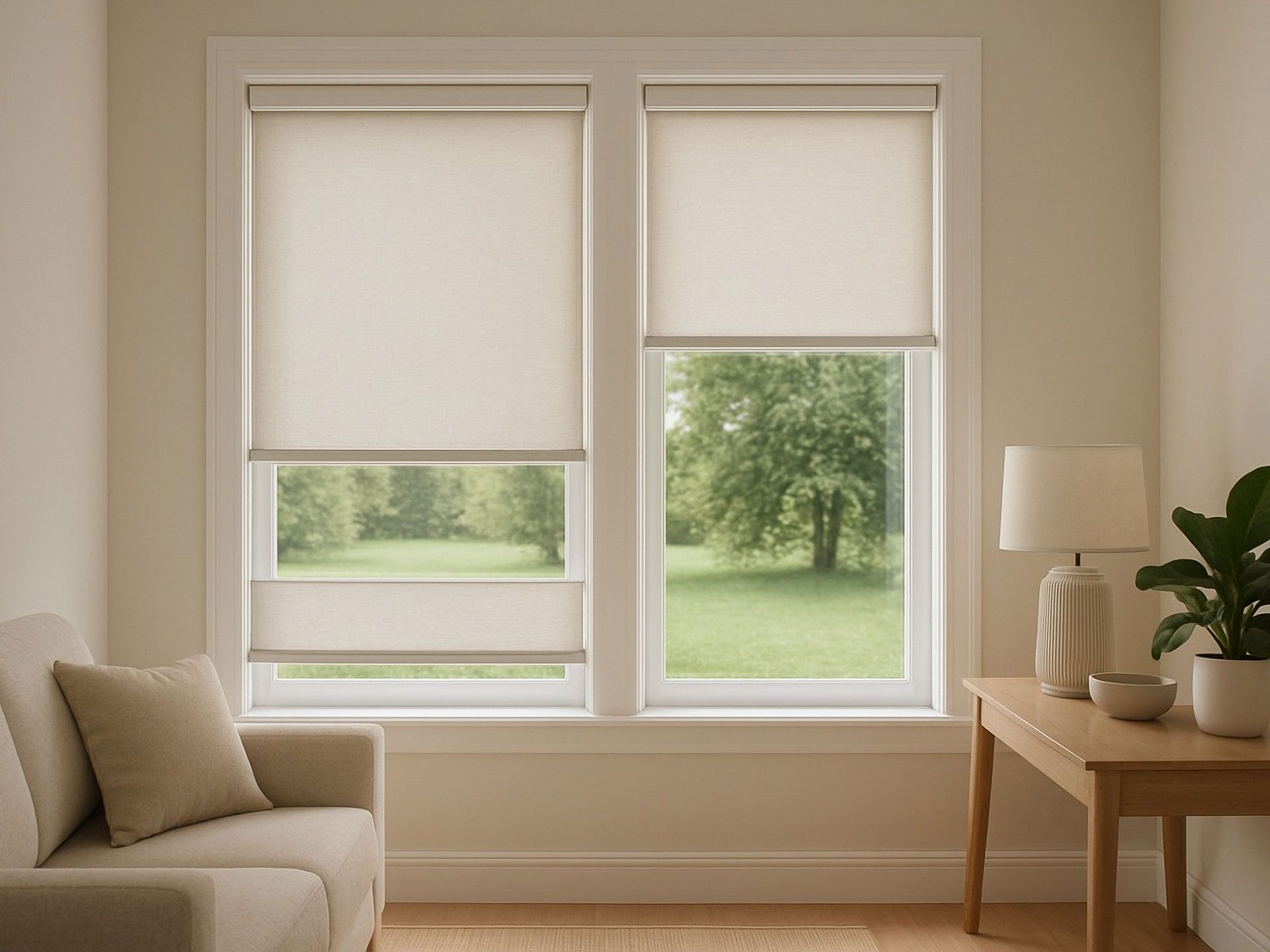 Two windows with beige roller shades, overlooking a tree-filled outdoor view; interior with a sofa, table, and lamp.