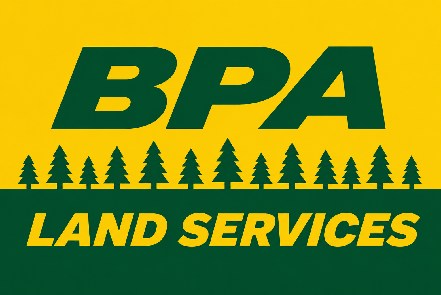 BPA Land Services logo in green and yellow with pine trees and a green gradient background