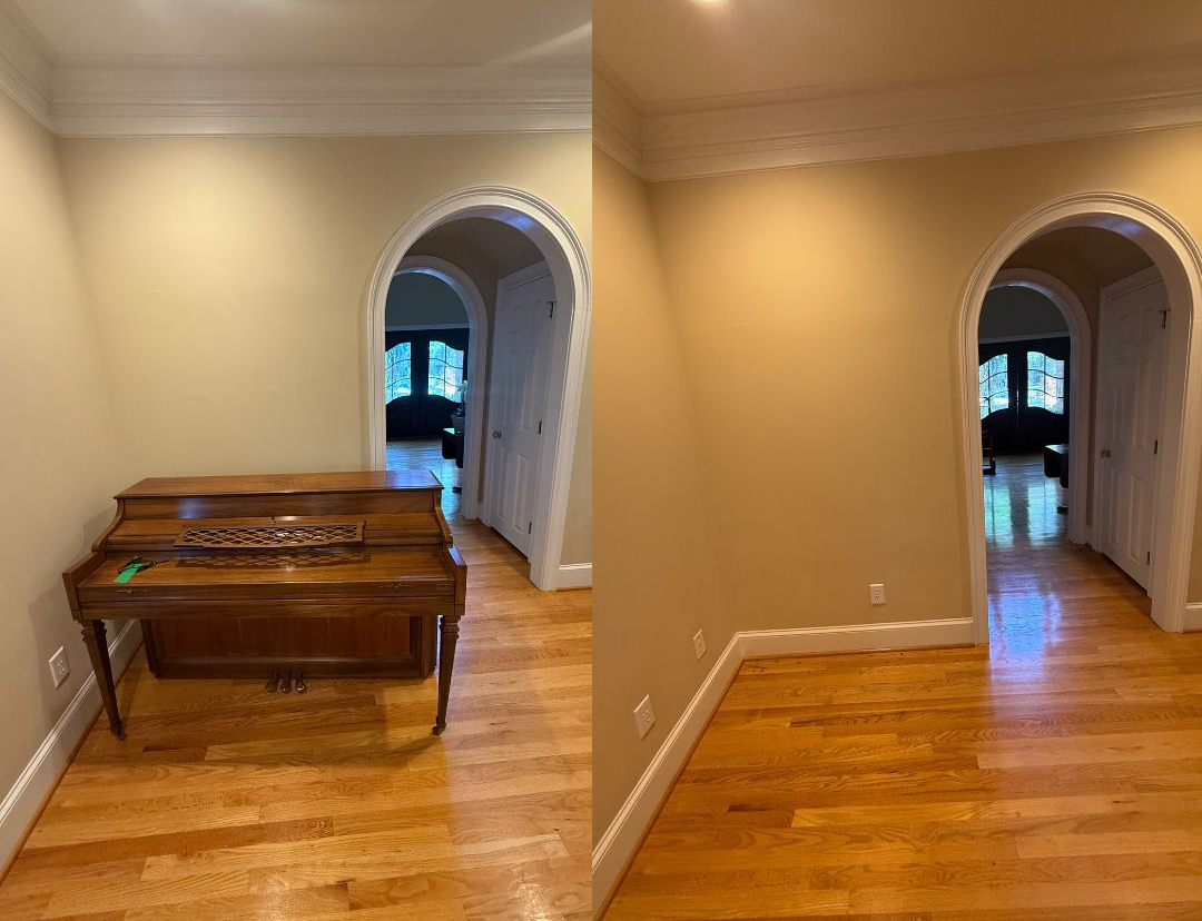 A side-by-side comparison of a home interior, showing a room with a piano on the left and empty on the right.