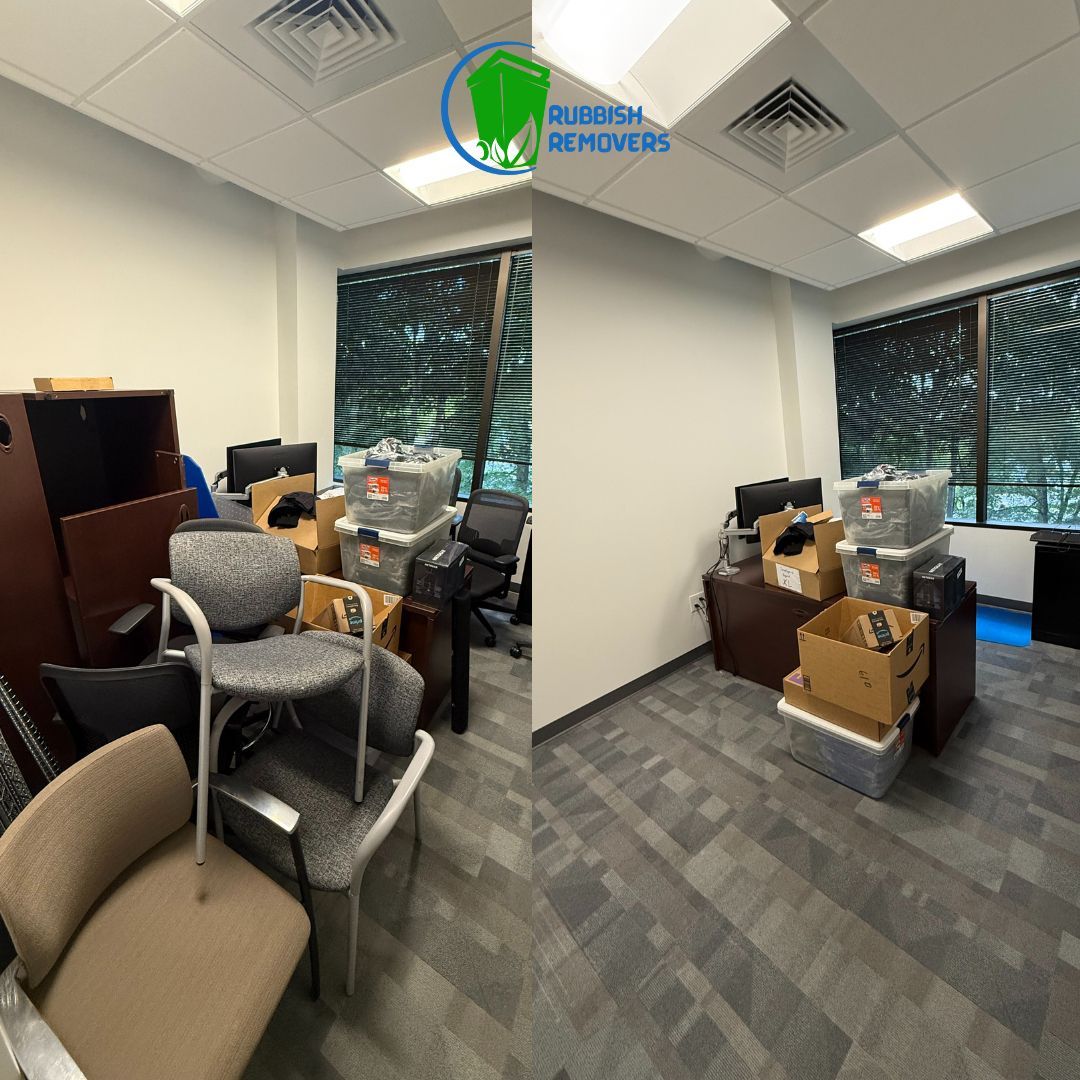 Before and after: an office space cleared of several chairs, cleared to show only boxes and furniture against a window.