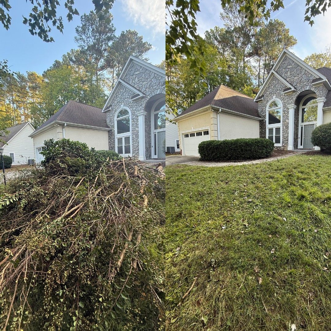 A before and after view of a suburban house front yard, showing the removal of a large bush to reveal the home's facade.