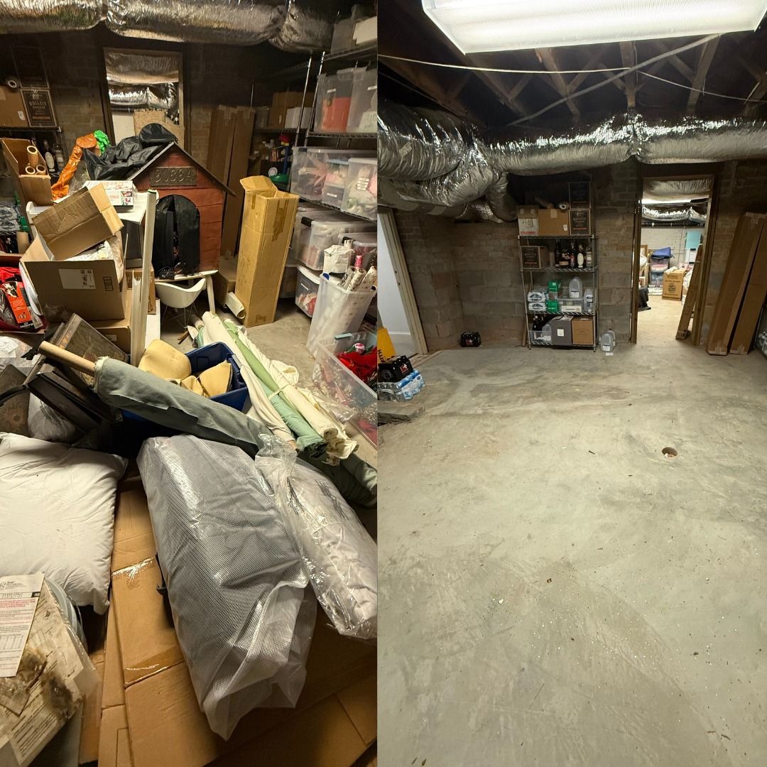 A split-screen comparison of a basement storage area before and after it was organized and cleared of clutter.
