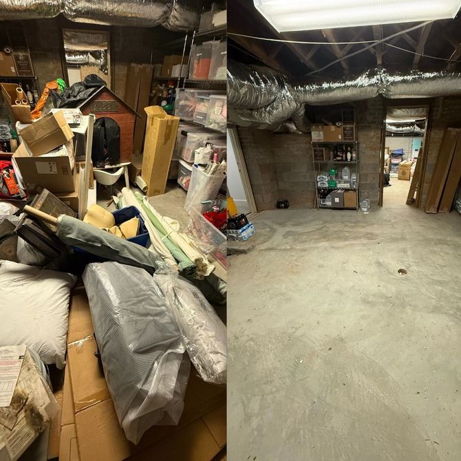 A split-screen comparison of a basement storage area before and after it was organized and cleared of clutter.