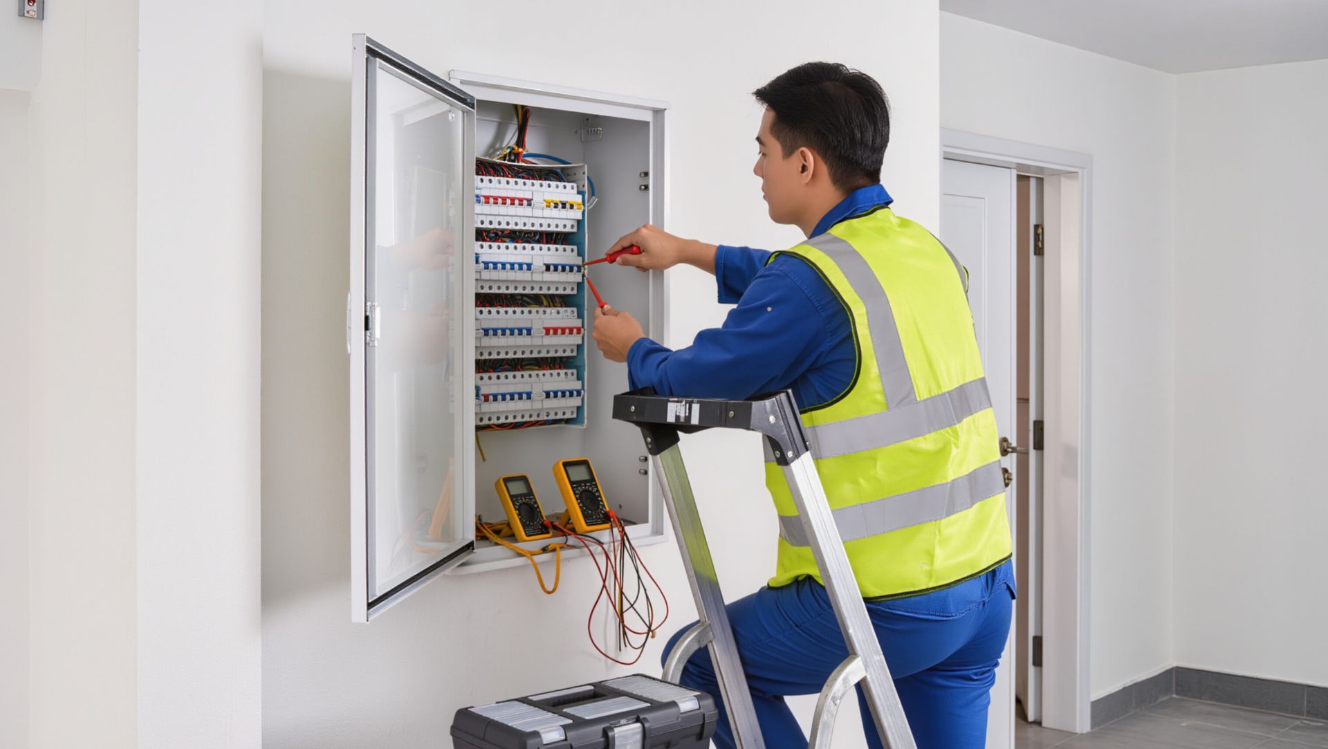 Technician inspecting an open electrical panel in a hallway, standing on a step ladder wearing a safety vest.