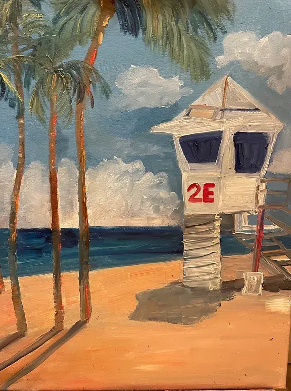 a painting of a lifeguard tower on a beach with palm trees .