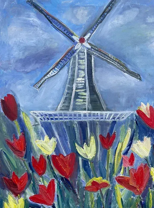 a painting of a windmill in a field of tulips .