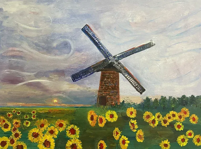 a painting of a windmill in a field of sunflowers .