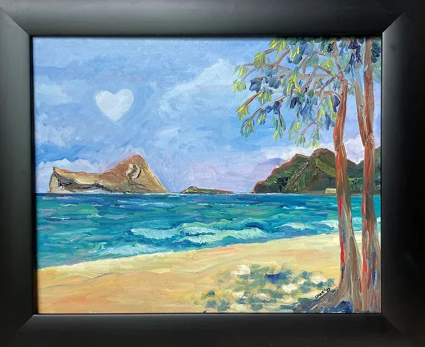 a painting of a beach with a heart in the sky