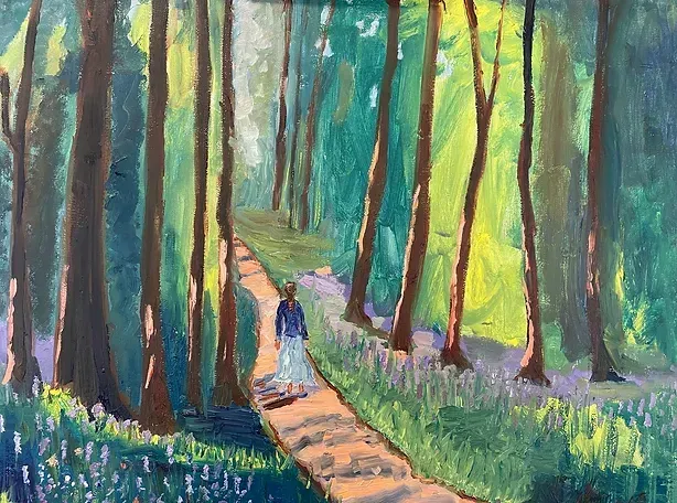 a painting of a person walking down a path in the woods .