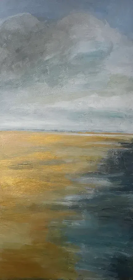 a painting of a landscape with a cloudy sky and a body of water .